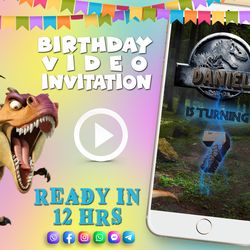 jurassic park dinosaurs birthday video invitation for boy or girl, animated kid's birthday party invite