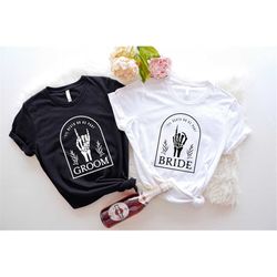 spooky bride and groom matching shirt, rock wedding outfit, til death do us party t-shirt, mr and mrs funny tee, cool ho