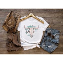 cow skull shirt,western aztec bull skull shirt,boho cow skull tee,vintage western gift,cowgirl shirt,southern tee,rodeo