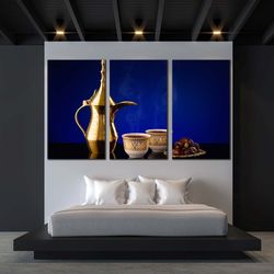 arabian coffee canvas print, golden teapot coffee scene 3 piece canvas wall art, white coffee cups triptych canvas set
