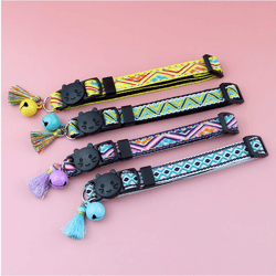 Adjustable Cat Collar with Tassels and Bells Embellished Pet Collar Colorful Plaid Jacquard Pattern Collars for Cat Dog