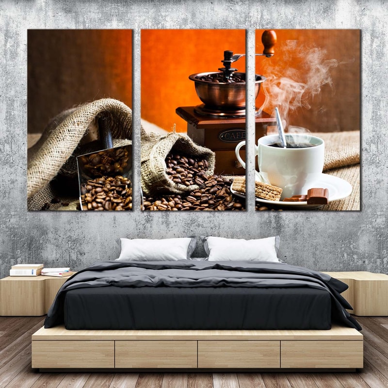 Coffee Sack Canvas Print, Brown Coffee Grinder Triptych Multiple Canvas, Still Life Coffee 3 Piece Canvas Wall Art