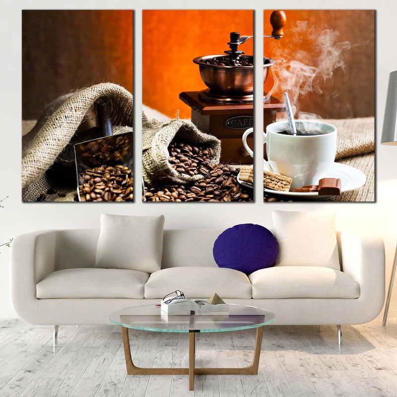 Coffee Sack Canvas Print, Brown Coffee Grinder Triptych Multiple Canvas, Still Life Coffee 3 Piece Canvas Wall Art