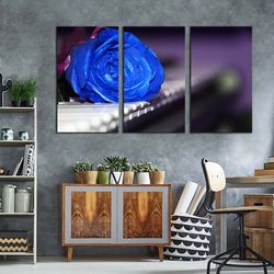 rose piano canvas wall art, rose on keyboard 3 piece multi canvas artwork, blue flower triptych canvas print
