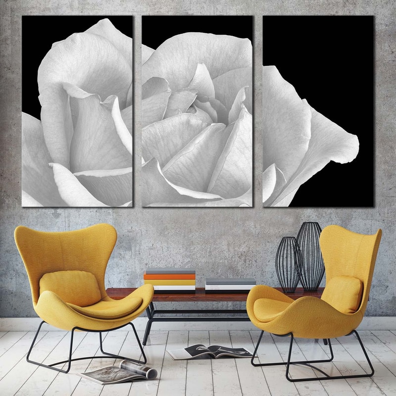 Blooming Rose Canvas Print, Black Background Monochrome Flower 3 Piece Canvas Wall Art, White Rose Digital Painting Canvas Set