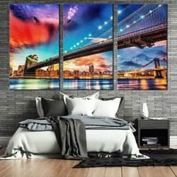 Manhattan Skyline Canvas Wall Art, New York Cityscape Digital Painting 3 Piece Canvas, Blue Sky Brooklyn Bridge Triptych