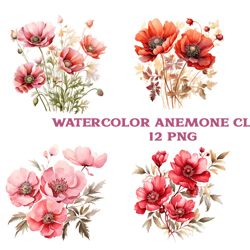 flowers , watercolor flowers, anemone clipart, summer flower