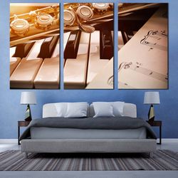 classical music canvas print, piano and golden flute 3 piece canvas wall art, white piano music sheet triptych canvas