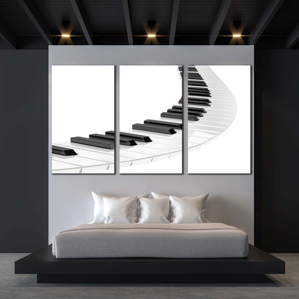 Music Spiral Canvas Wall Art, White Piano 3D Abstract 3 Piece Multiple Canvas, Black Piano Keyboard Illustration Canvas Print