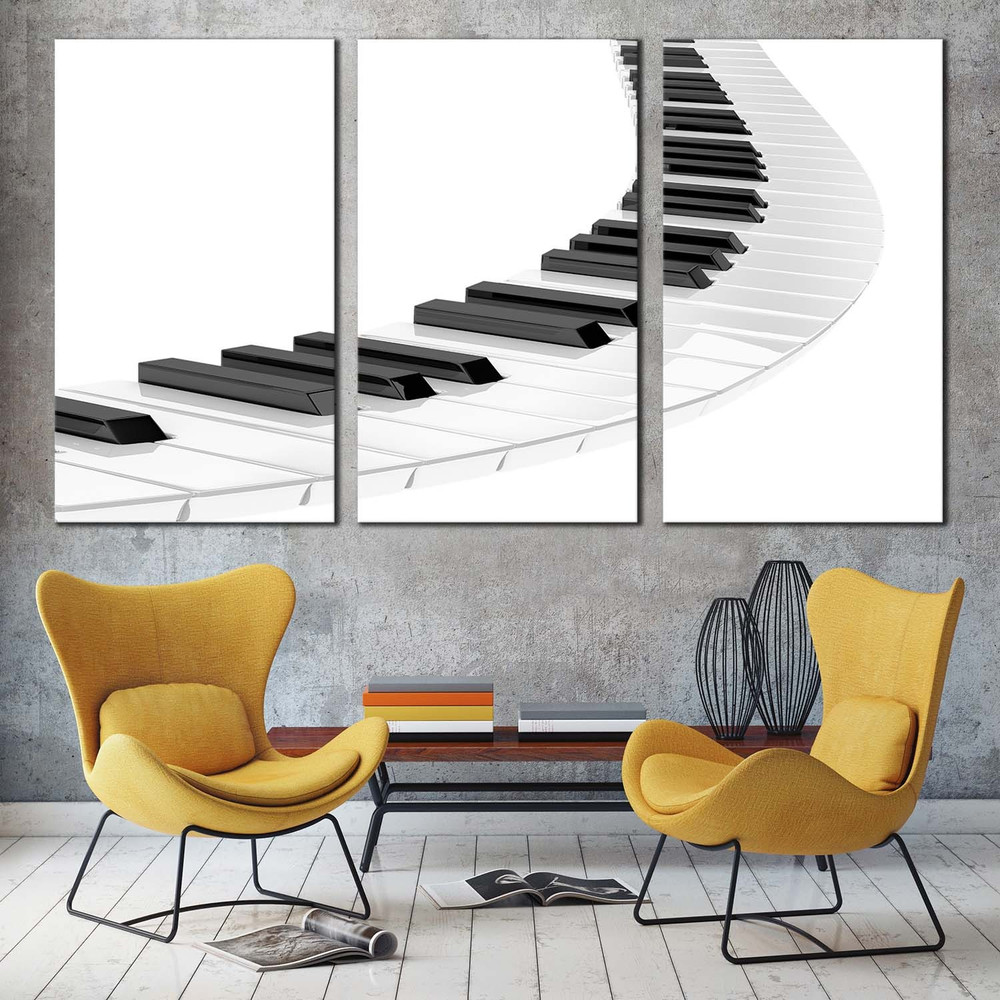 Music Spiral Canvas Wall Art, White Piano 3D Abstract 3 Piece Multiple Canvas, Black Piano Keyboard Illustration Canvas Print