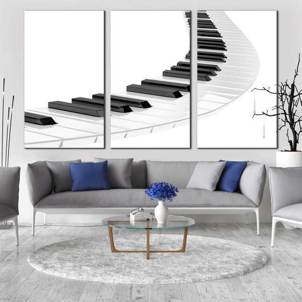 Music Spiral Canvas Wall Art, White Piano 3D Abstract 3 Piece Multiple Canvas, Black Piano Keyboard Illustration Canvas Print