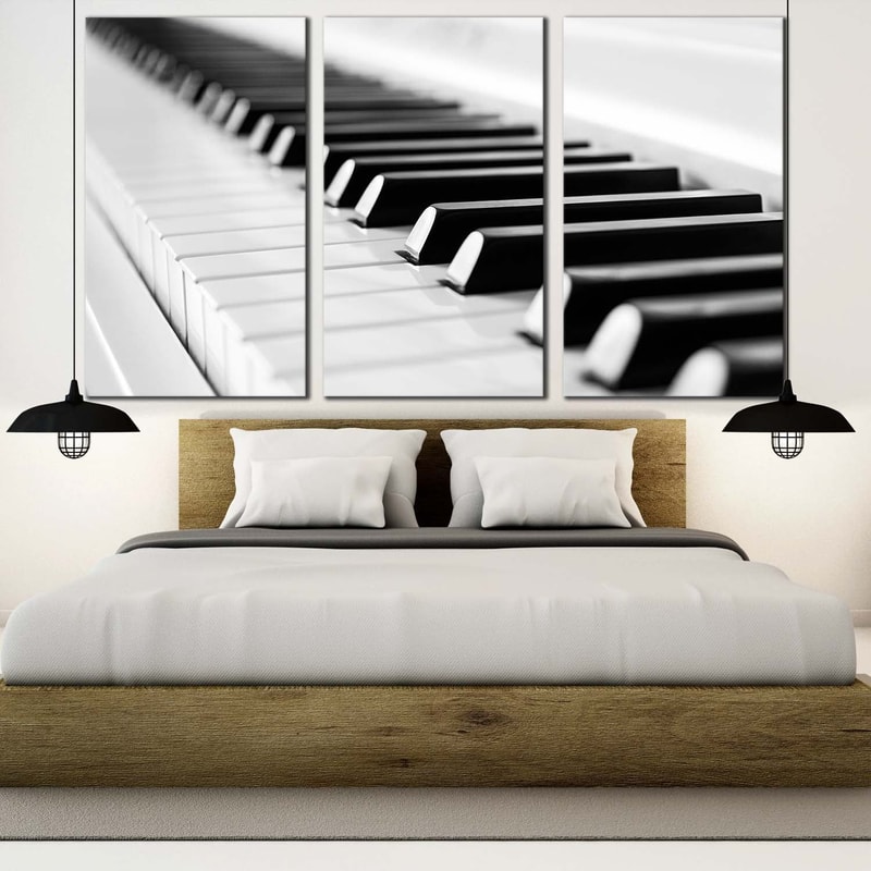 Music Piano Canvas Wall Art, Music Instrument Canvas 3 Piece Canvas , Black White Piano Key Close Up Triptych Canvas
