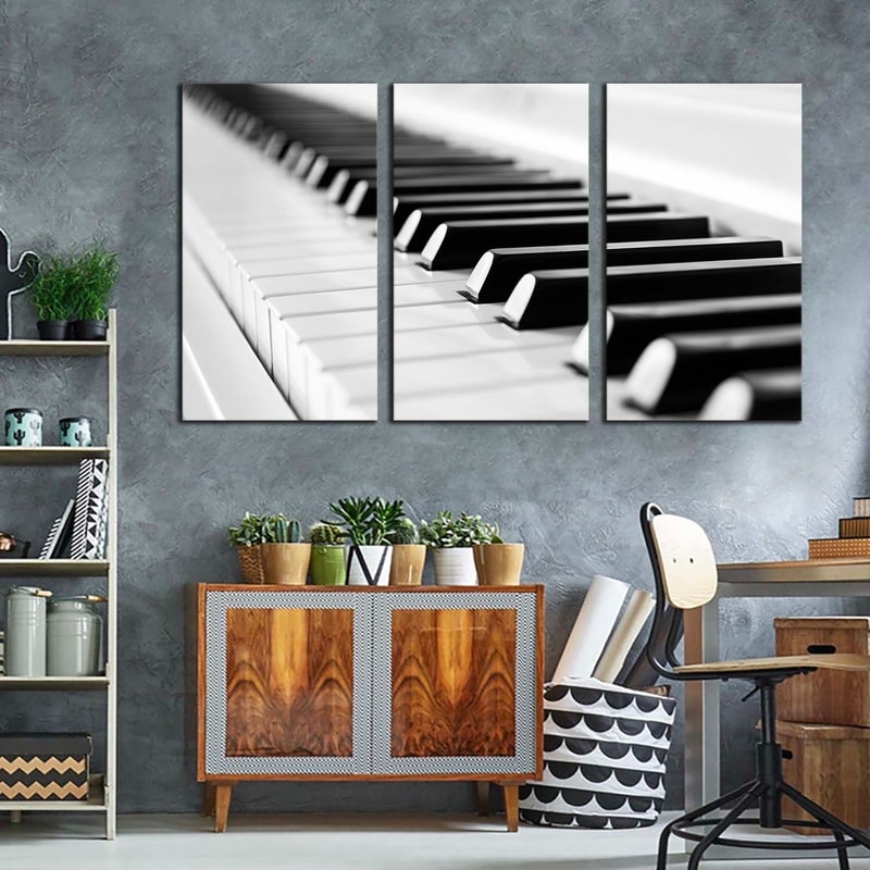 Music Piano Canvas Wall Art, Music Instrument Canvas 3 Piece Canvas , Black White Piano Key Close Up Triptych Canvas