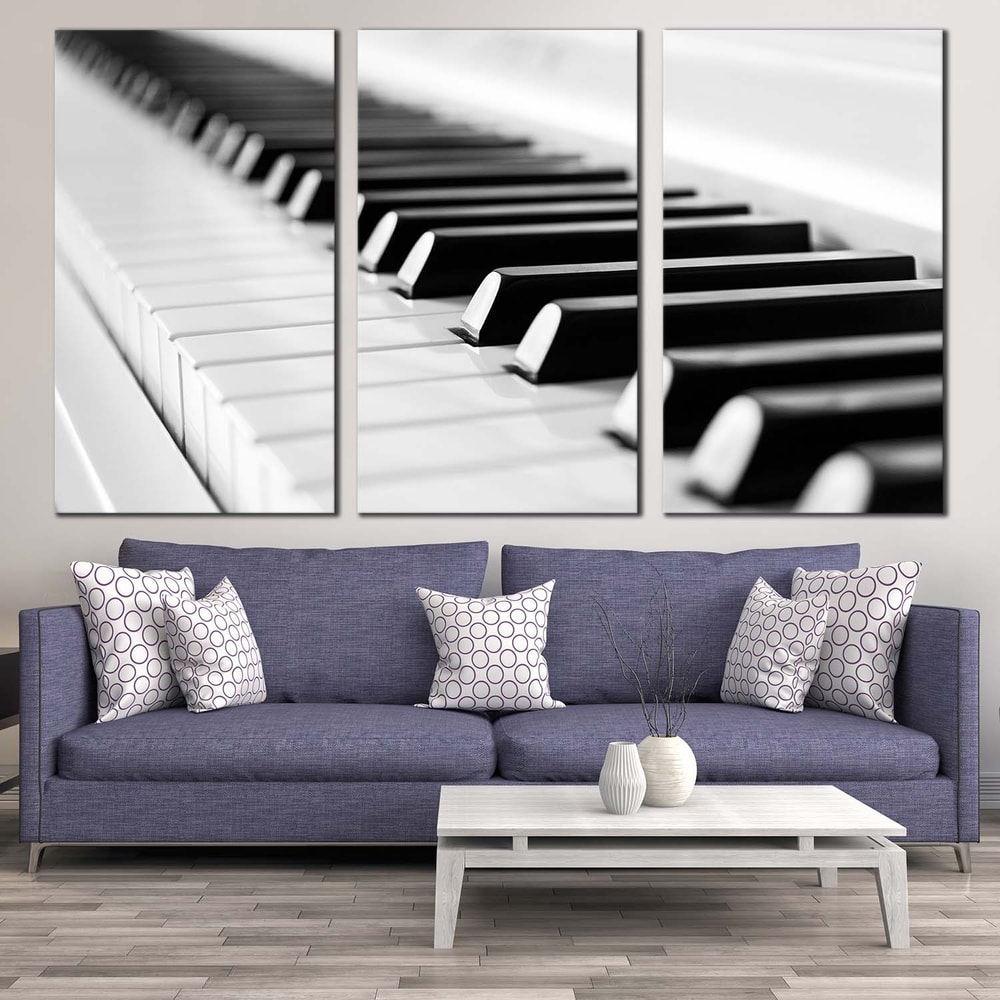 Music Piano Canvas Wall Art, Music Instrument Canvas 3 Piece Canvas , Black White Piano Key Close Up Triptych Canvas