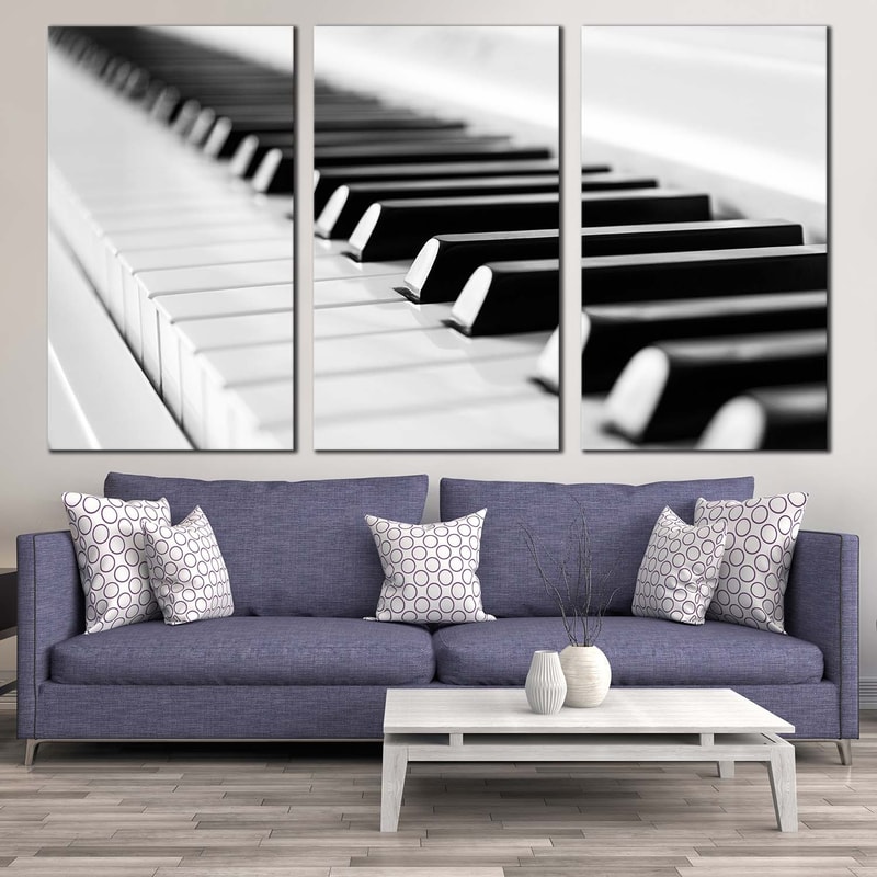 Music Piano Canvas Wall Art, Music Instrument Canvas 3 Piece Canvas , Black White Piano Key Close Up Triptych Canvas