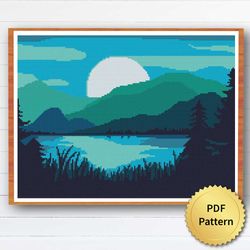 SUPER EASY Night Lake Cross Stitch Pattern. Nature, Landscape, Minimalism, Mountain Boho Patterns for Beginners