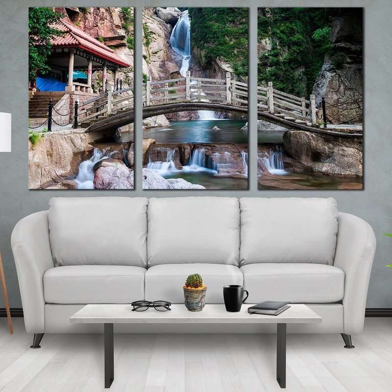 Qingdao Scenery Canvas Wall Art, China Waterfall Wooden Bridge Canvas Artwork, Green Shandong Nature 3 Piece Canvas