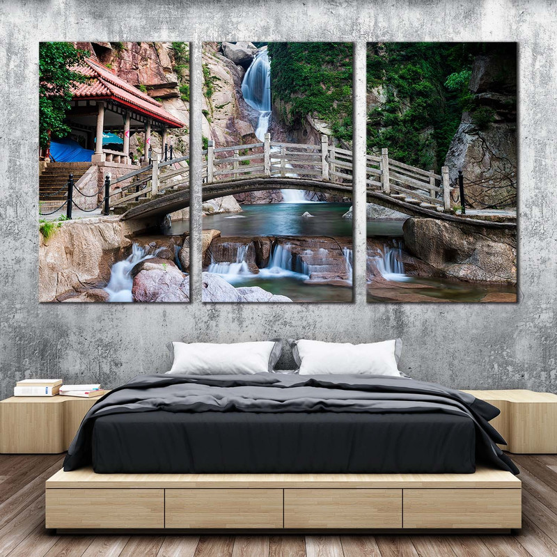 Qingdao Scenery Canvas Wall Art, China Waterfall Wooden Bridge Canvas Artwork, Green Shandong Nature 3 Piece Canvas