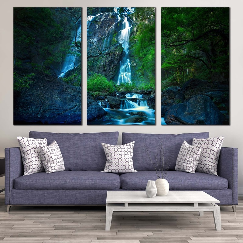 Khlong Lan National Park Canvas Print, Khlong Lan Waterfall Canvas Set, Thailand Green Jungle Waterfall 3 Piece Canvas
