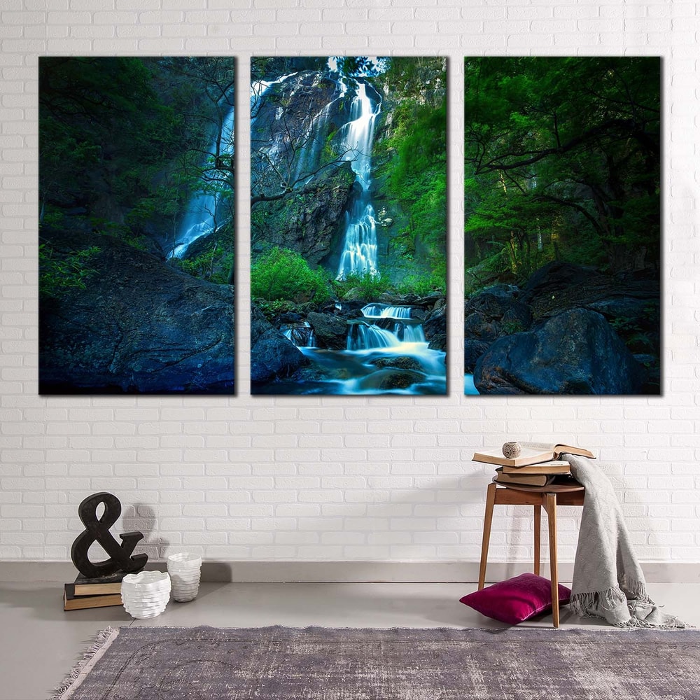 Khlong Lan National Park Canvas Print, Khlong Lan Waterfall Canvas Set, Thailand Green Jungle Waterfall 3 Piece Canvas
