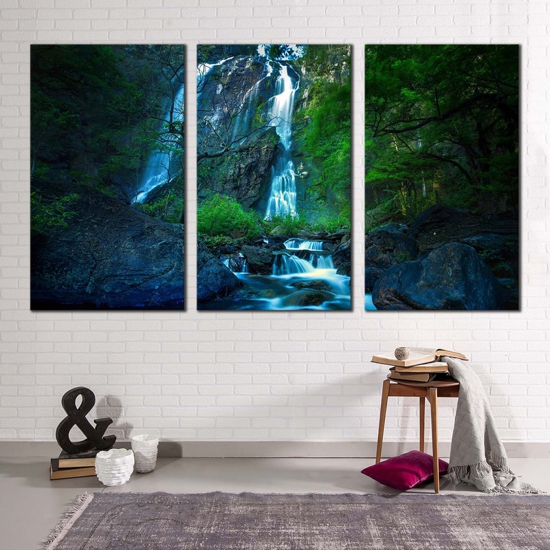 Khlong Lan National Park Canvas Print, Khlong Lan Waterfall Canvas Set, Thailand Green Jungle Waterfall 3 Piece Canvas
