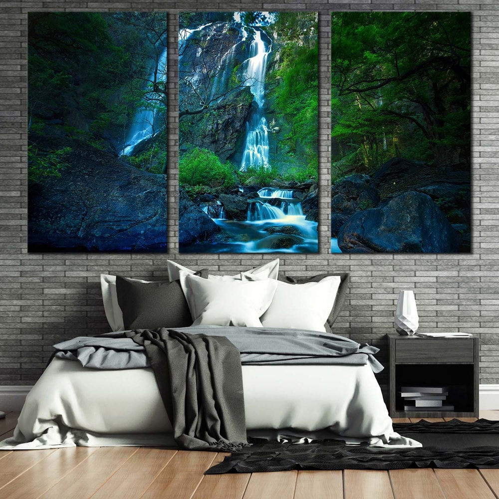 Khlong Lan National Park Canvas Print, Khlong Lan Waterfall Canvas Set, Thailand Green Jungle Waterfall 3 Piece Canvas