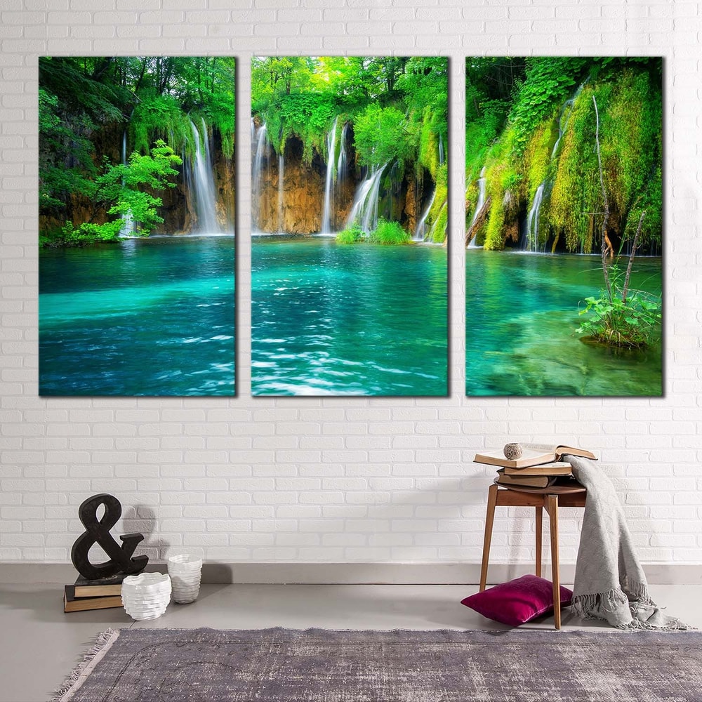 Croatia Waterfall Canvas Wall Art, Blue Plitvice Lakes 3 Piece Canvas Print, Green Nature Waterfall Scenery Canvas Set