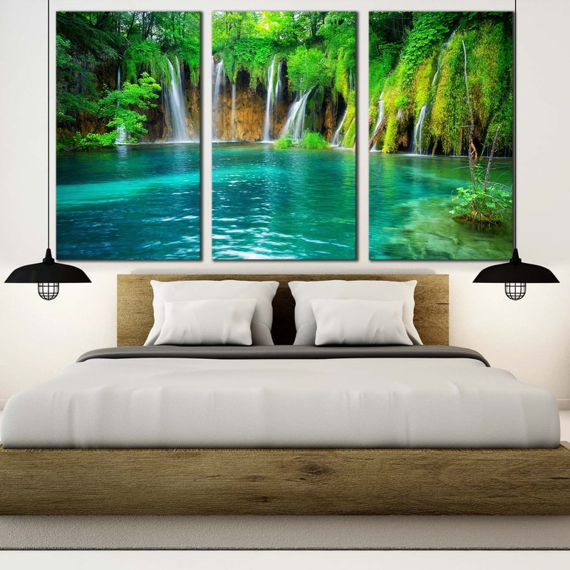 Croatia Waterfall Canvas Wall Art, Blue Plitvice Lakes 3 Piece Canvas Print, Green Nature Waterfall Scenery Canvas Set