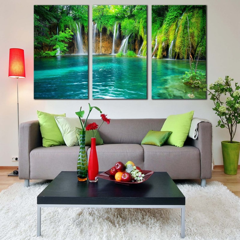 Croatia Waterfall Canvas Wall Art, Blue Plitvice Lakes 3 Piece Canvas Print, Green Nature Waterfall Scenery Canvas Set