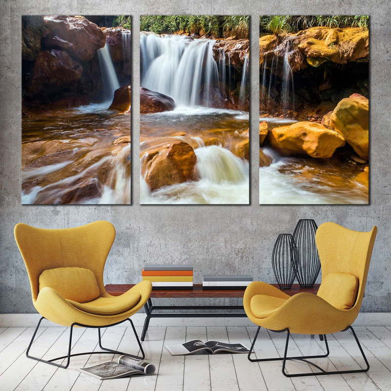 Waterfall Rocks Canvas Print, Taiwan White Waterfall 3 Piece Canvas Wall Art, Golden Waterfall in Jinguash Multi Canvas