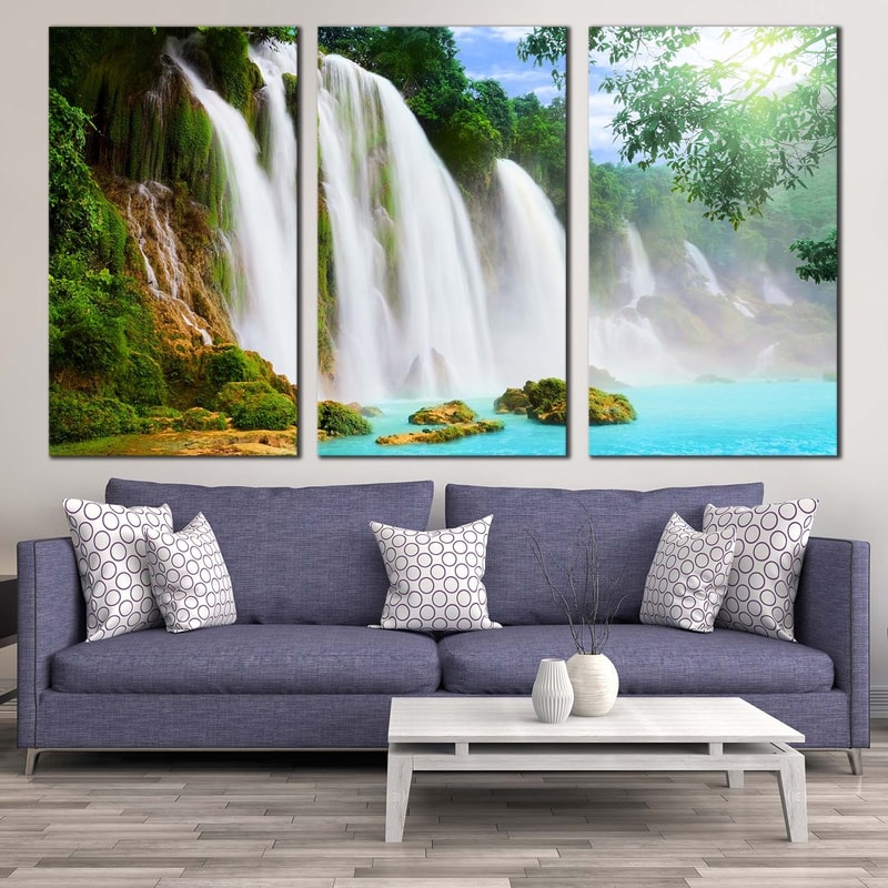 Beautiful Waterfall Canvas Wall Art, Green Trees Forest Waterfall 3 Piece Canvas , Amazing Blue Water Scenery Canvas