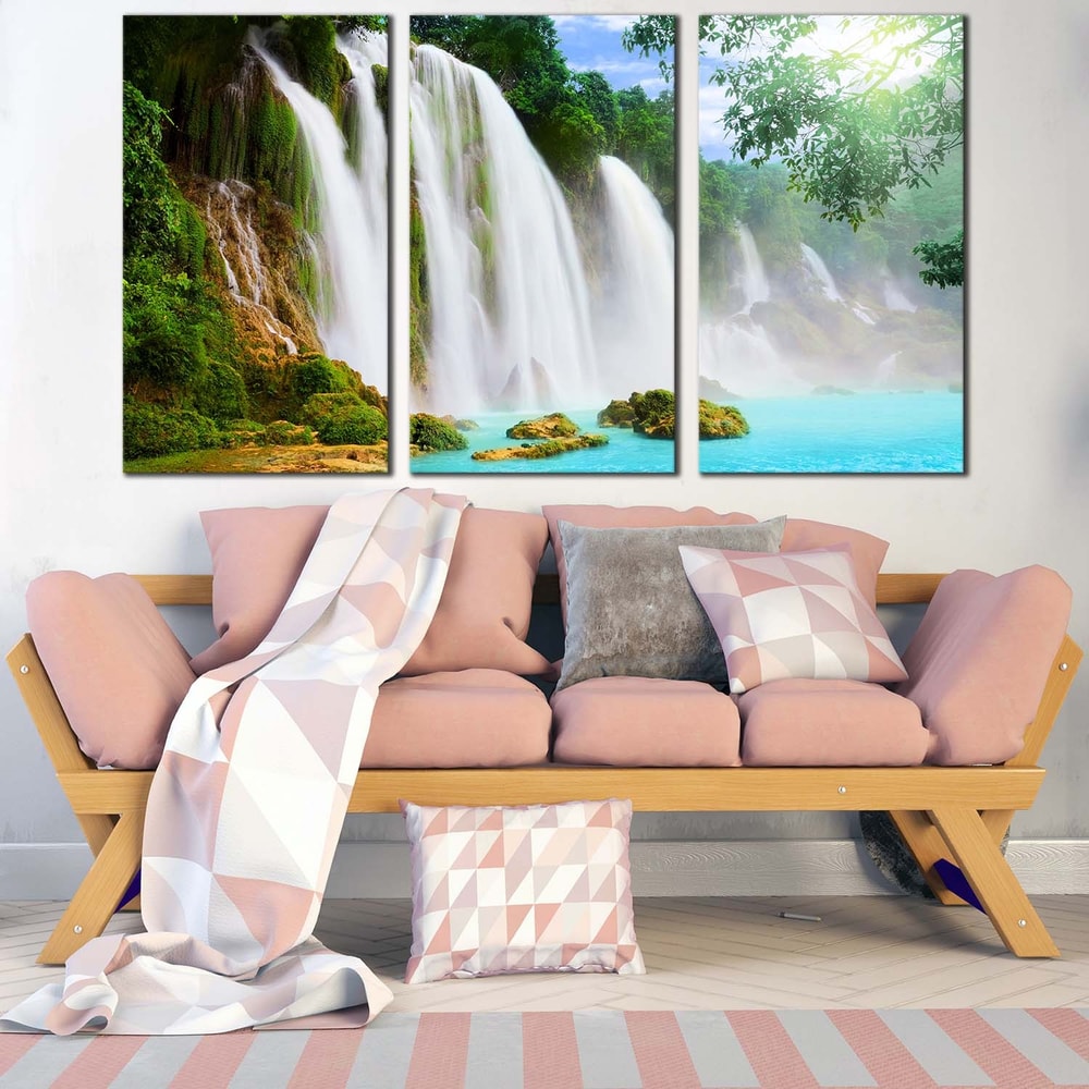 Beautiful Waterfall Canvas Wall Art, Green Trees Forest Waterfall 3 Piece Canvas , Amazing Blue Water Scenery Canvas