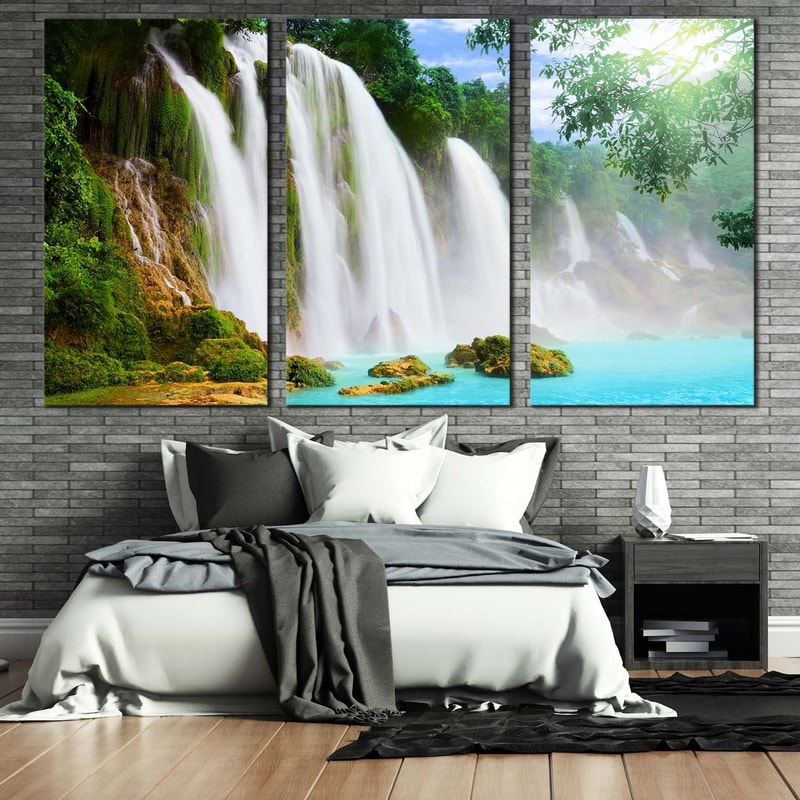 Beautiful Waterfall Canvas Wall Art, Green Trees Forest Waterfall 3 Piece Canvas , Amazing Blue Water Scenery Canvas