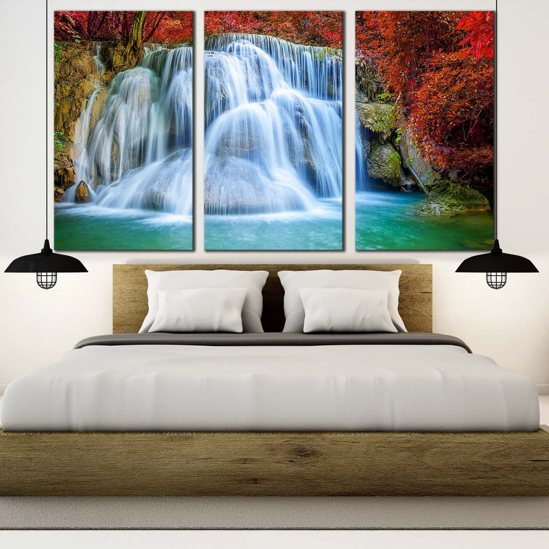 Thailand Waterfall Canvas Wall Art, Waterfall Scenery Canvas, Kanchanaburi Huai Mae Khamin Waterfall 3 Piece Canvas