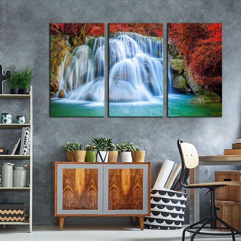 Thailand Waterfall Canvas Wall Art, Waterfall Scenery Canvas, Kanchanaburi Huai Mae Khamin Waterfall 3 Piece Canvas