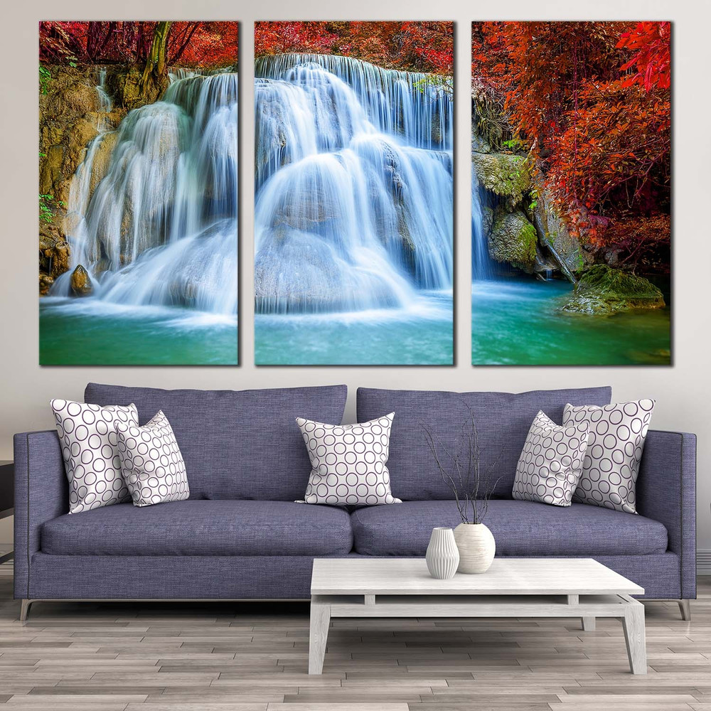 Thailand Waterfall Canvas Wall Art, Waterfall Scenery Canvas, Kanchanaburi Huai Mae Khamin Waterfall 3 Piece Canvas