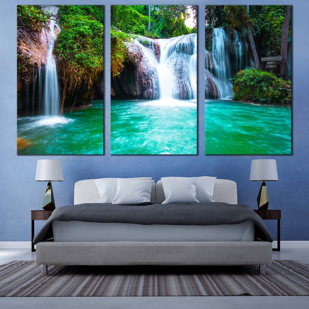 Beautiful Green Waterfall in Nature 3 Piece Canvas Set, Thailand White Than Sawan Waterfall Triptych Canvas Print