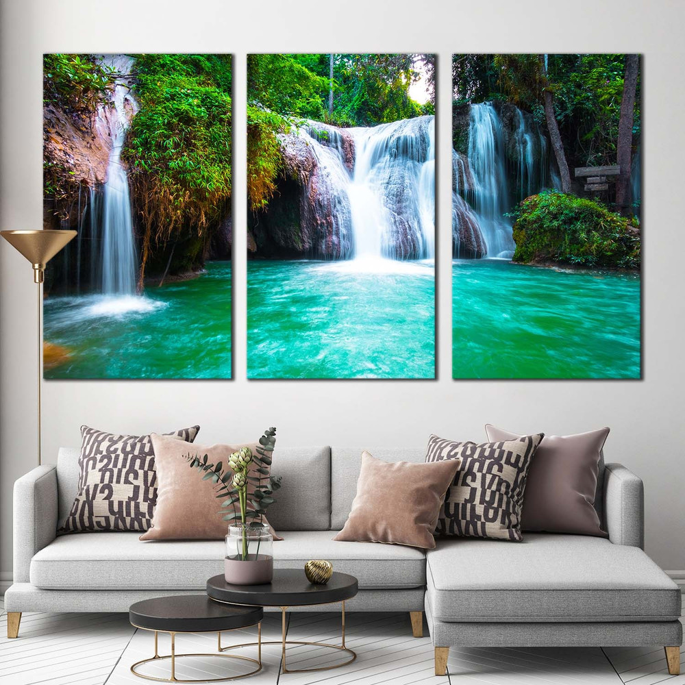 Beautiful Green Waterfall in Nature 3 Piece Canvas Set, Thailand White Than Sawan Waterfall Triptych Canvas Print