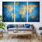 World Map Canvas Wall Art, Blue Flat Earth 3 Piece Canvas, Brown Abstract World Map Triptych Canvas Set