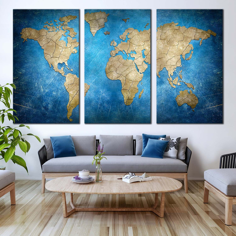 World Map Canvas Wall Art, Blue Flat Earth 3 Piece Canvas, Brown Abstract World Map Triptych Canvas Set