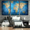 World Map Canvas Wall Art, Blue Flat Earth 3 Piece Canvas, Brown Abstract World Map Triptych Canvas Set