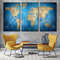 World Map Canvas Wall Art, Blue Flat Earth 3 Piece Canvas, Brown Abstract World Map Triptych Canvas Set