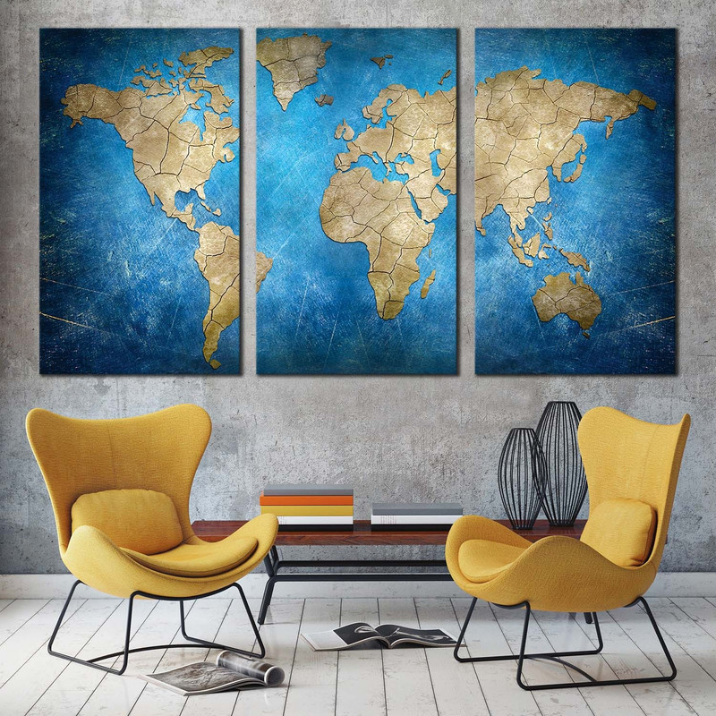 World Map Canvas Wall Art, Blue Flat Earth 3 Piece Canvas, Brown Abstract World Map Triptych Canvas Set