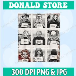 halloween horror, horror movie killers mugshots png download, scary halloween party sublimation design, horror fan gift
