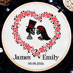 Gothic cross stitch pattern, Bride and groom cross stitch pattern, Goth wedding cross stitch, Heart cross stitch, Digital download PDF