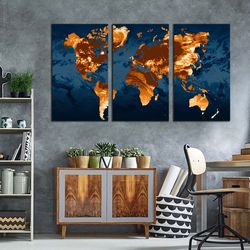 flat world canvas wall art, blue flat earth 3 piece canvas set, orange world map triptych canvas print
