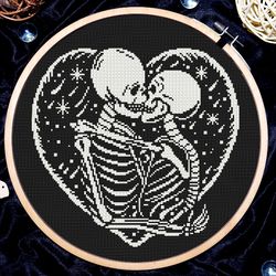 Gothic cross stitch, Skeleton couple in love in the heart, Skeleton lovers cross stitch pattern, Goth wedding cross stitch, Digital PDF