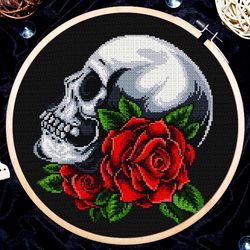 Gothic cross stitch, Skull with roses cross stitch pattern, Death cross stitch, Occult cross stitch, Digital download PDF