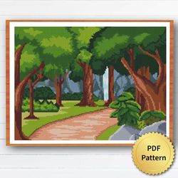 SUPER EASY Forest River Cross Stitch Pattern. Nature, Landscape, Minimalism, Mountain Boho Patterns for Beginners