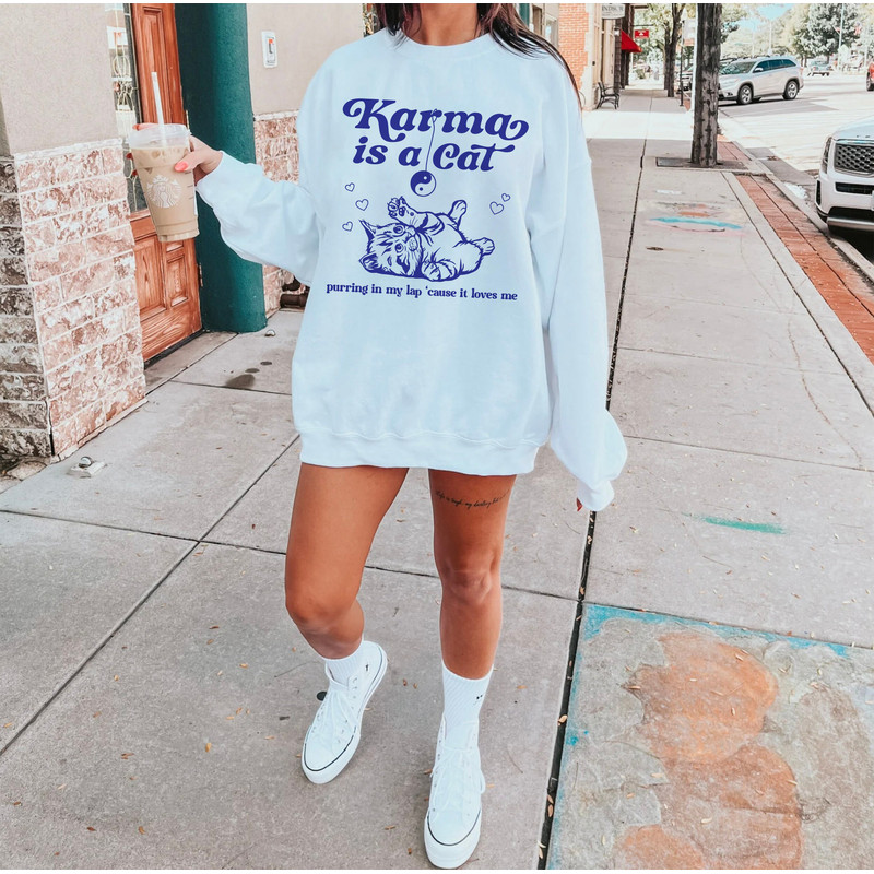 Karma is a Cat Sweatshirt, Karma Midnights Sweatshirt, Meet Me at Midnight, Taylor Swiftie Merch Sweatshirt, Cat Lover Shirt, Aesthetic Gift - 3.jpg